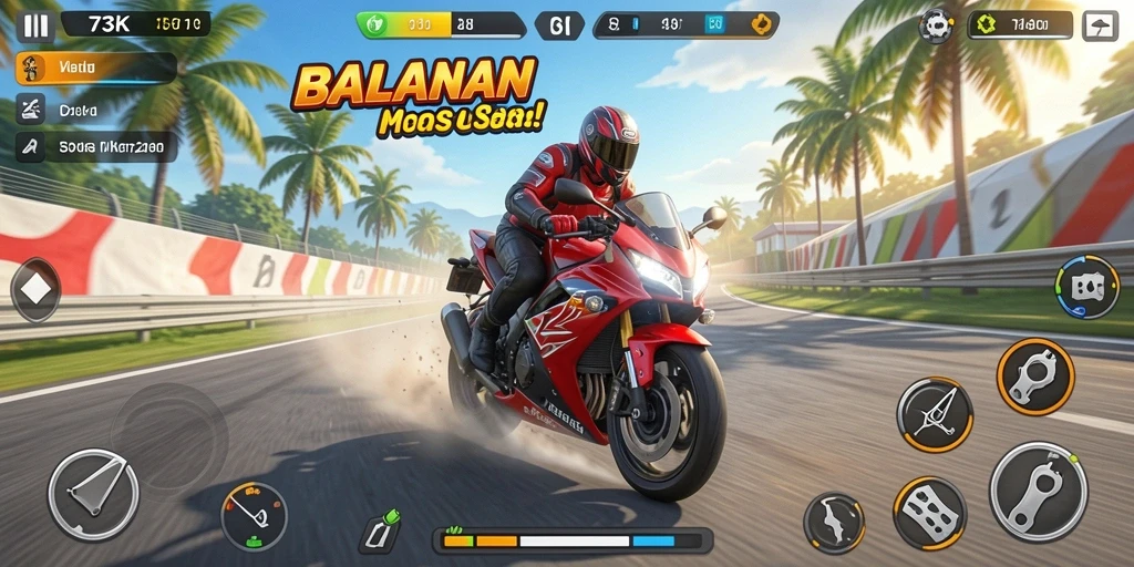 Screenshot gameplay 73K menampilkan balapan motor yang mendebarkan.