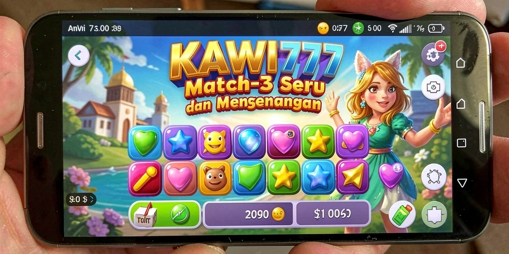 Tangkapan layar gameplay KAWI777 dengan momen pertandingan Match-3 yang seru.