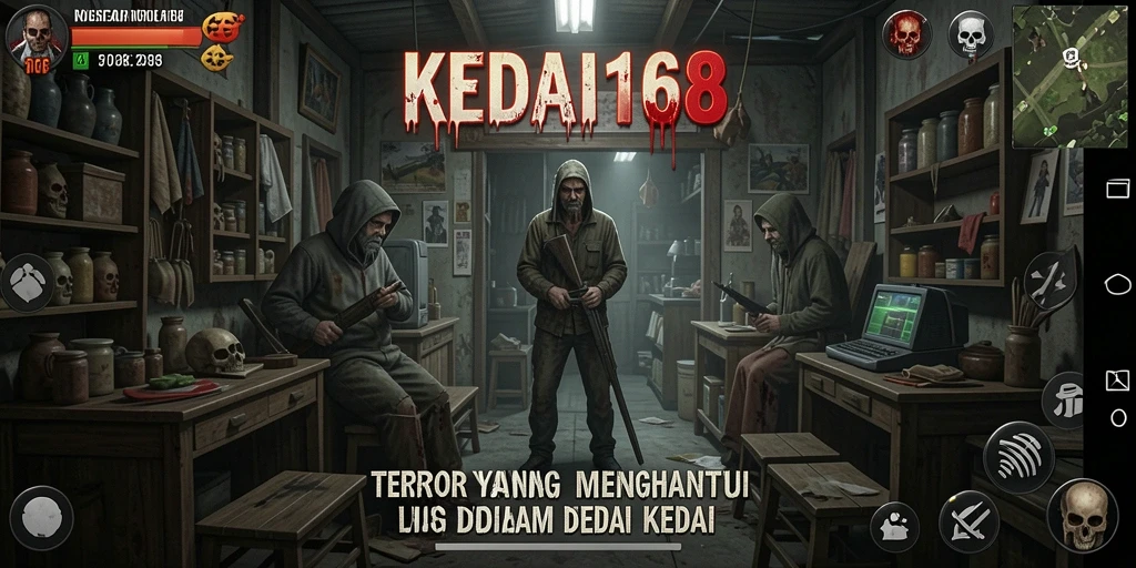 Tangkapan layar KEDAI168 menunjukkan suasana menyeramkan saat menjelajahi kedai yang gelap.