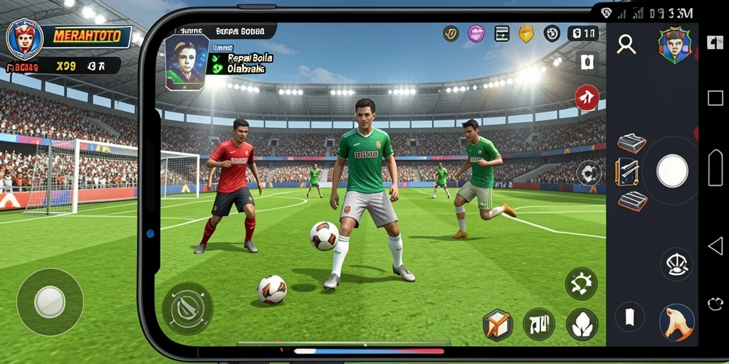 Tampilan gameplay menegangkan dari MERAHTOTO yang menampilkan aksi sepak bola.