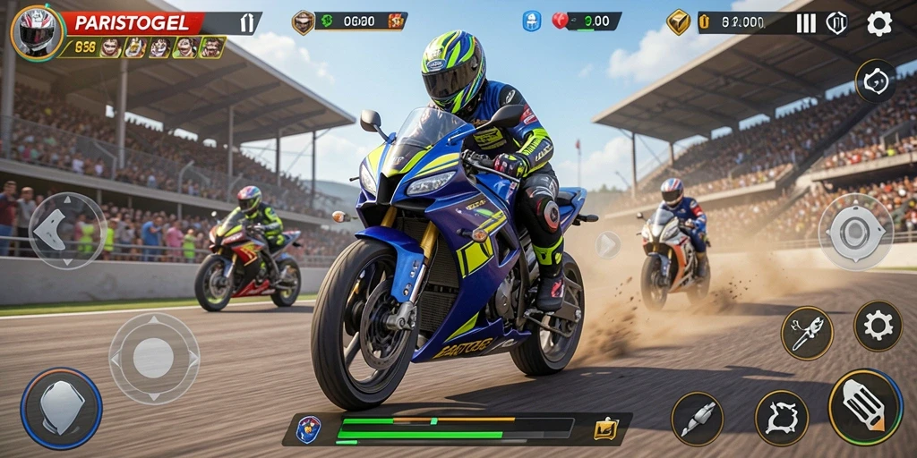 Gameplay seru dalam balapan motor yang menantang.