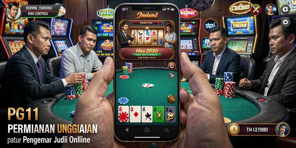 Tampilan utama PG11 menampilkan pemain terlibat dalam permainan Poker yang seru.